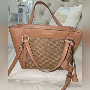 Karl Lagerfeld Brown and Tan Satchel with Monogram Pattern